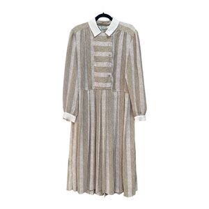 Vintage 80s B.G.B. LTD Brown White Geo Stripe Midi Secretary Shirt Dress Large